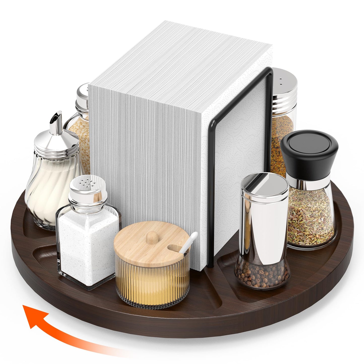 FODIENS Napkin Holder for Table, Rotating Napkin Dispenser with Salt and Pepper Shakers Storage, Standing Paper Napkin Organizer for Kitchen Dining Table Decor (1, Brown Round)