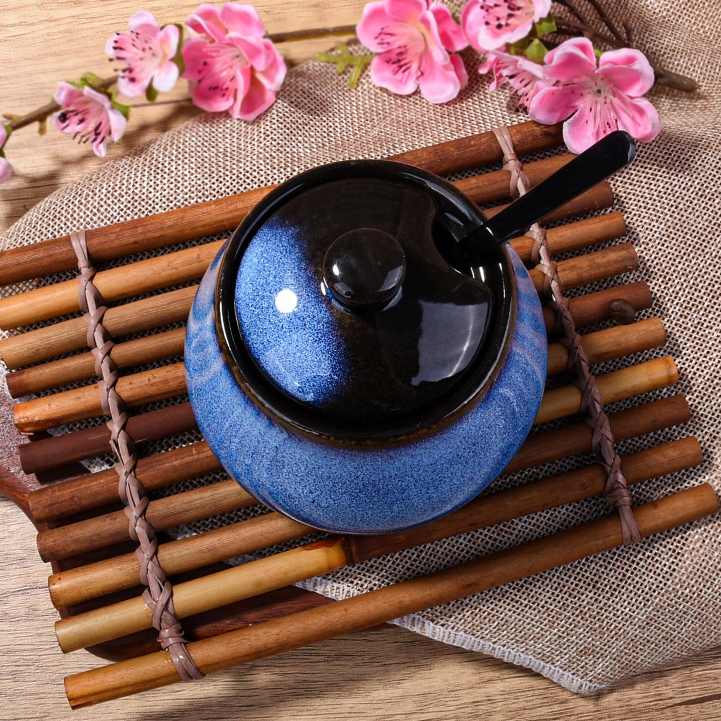 BOSILI Blue Ceramic Sugar Bowls with Lid Seasoning Container with Stainless Steel Spoon for Spice Salt