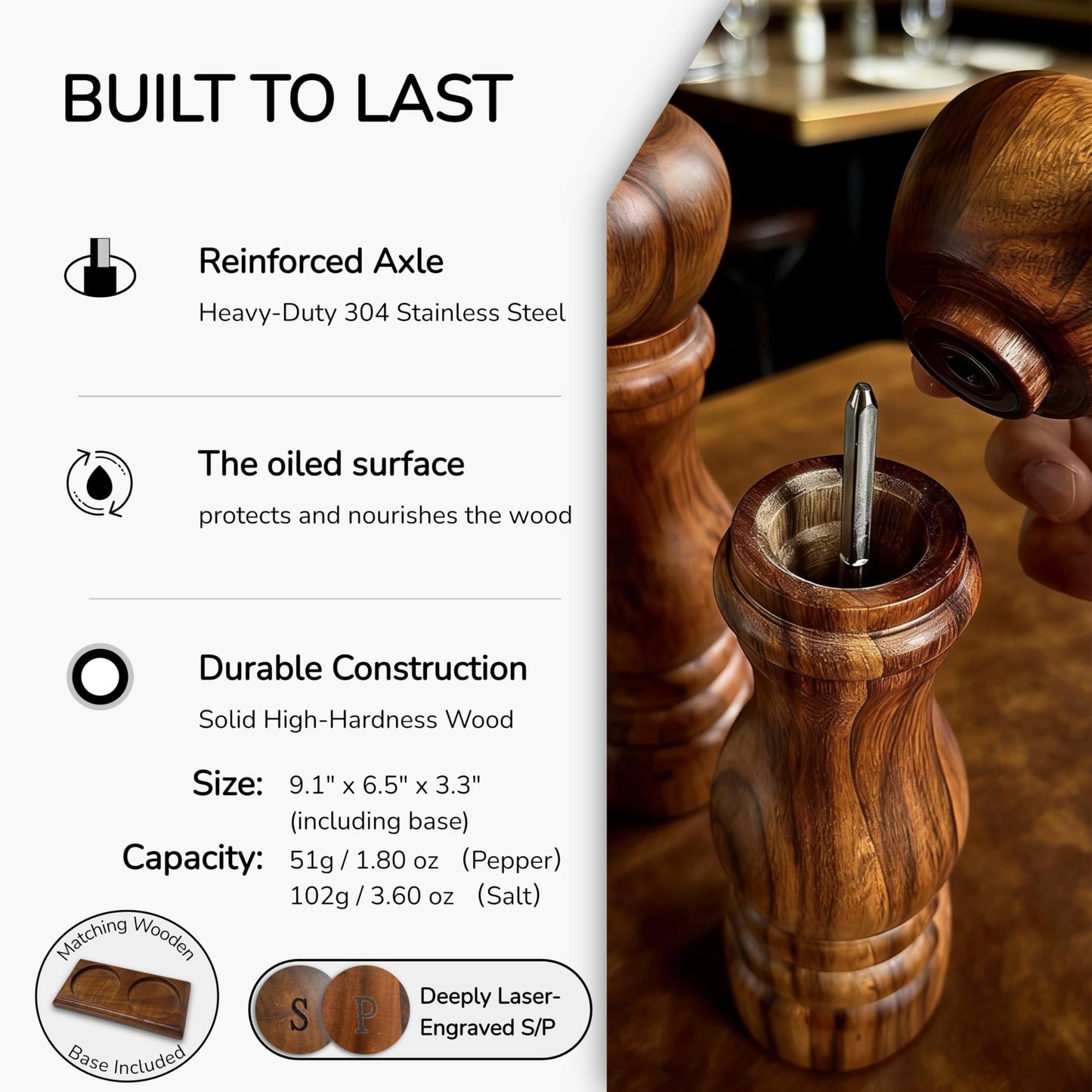 Aurevit Wooden Salt and Pepper Grinder Set, Manual Salt and Pepper Mill with Ceramic/Stainless Steel Core, Refillable Salt Grinder with External Adjustable Coarseness, 9” Tall (Chocolate)