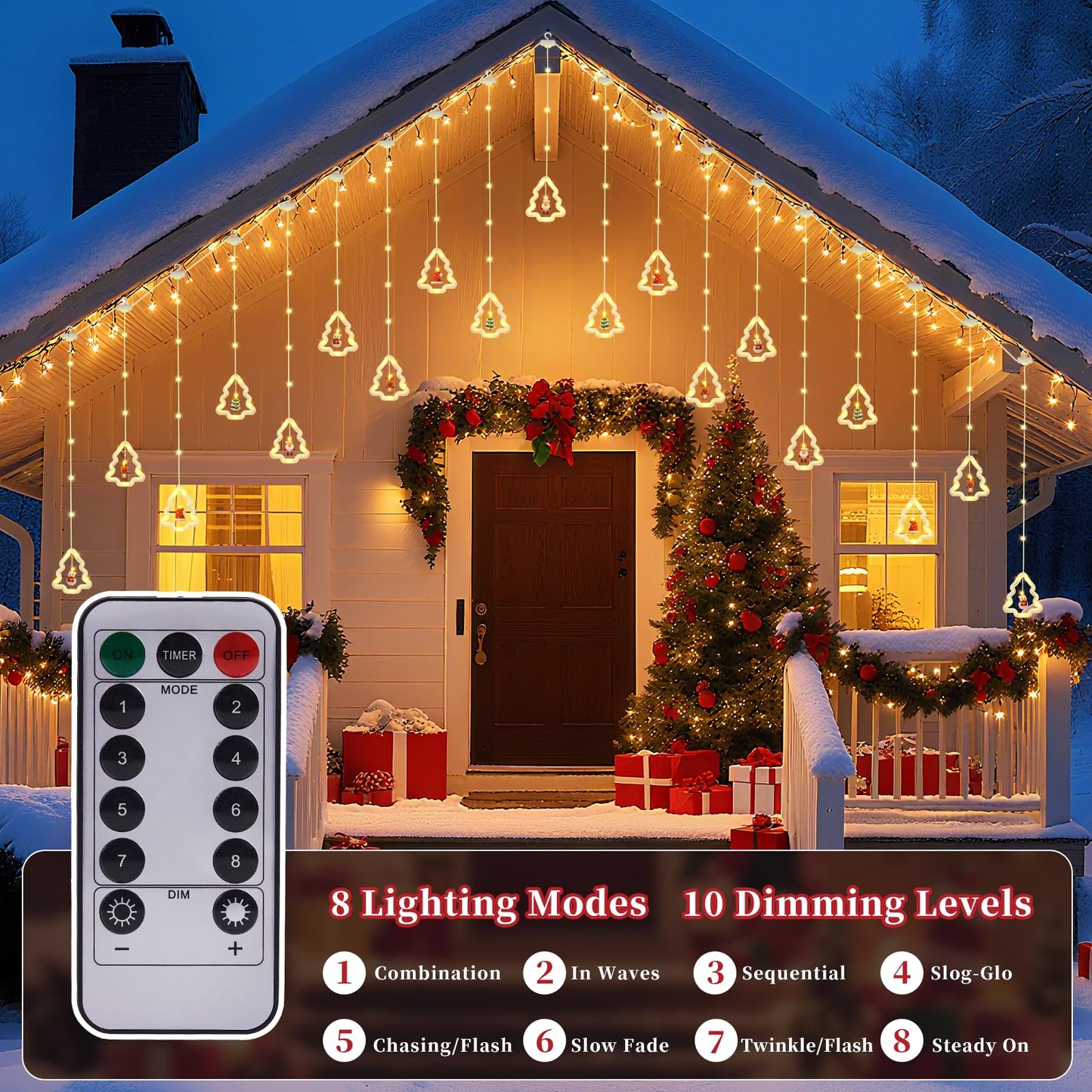BomKra Christmas Tree Curtain Lights, Christmas Window Lights Decor with Remote,8 Lighting Modes, IP65 Waterproof, 10 Hooks Christmas Decorations Indoor Outdoor for Bedroom Party Wall Door Window
