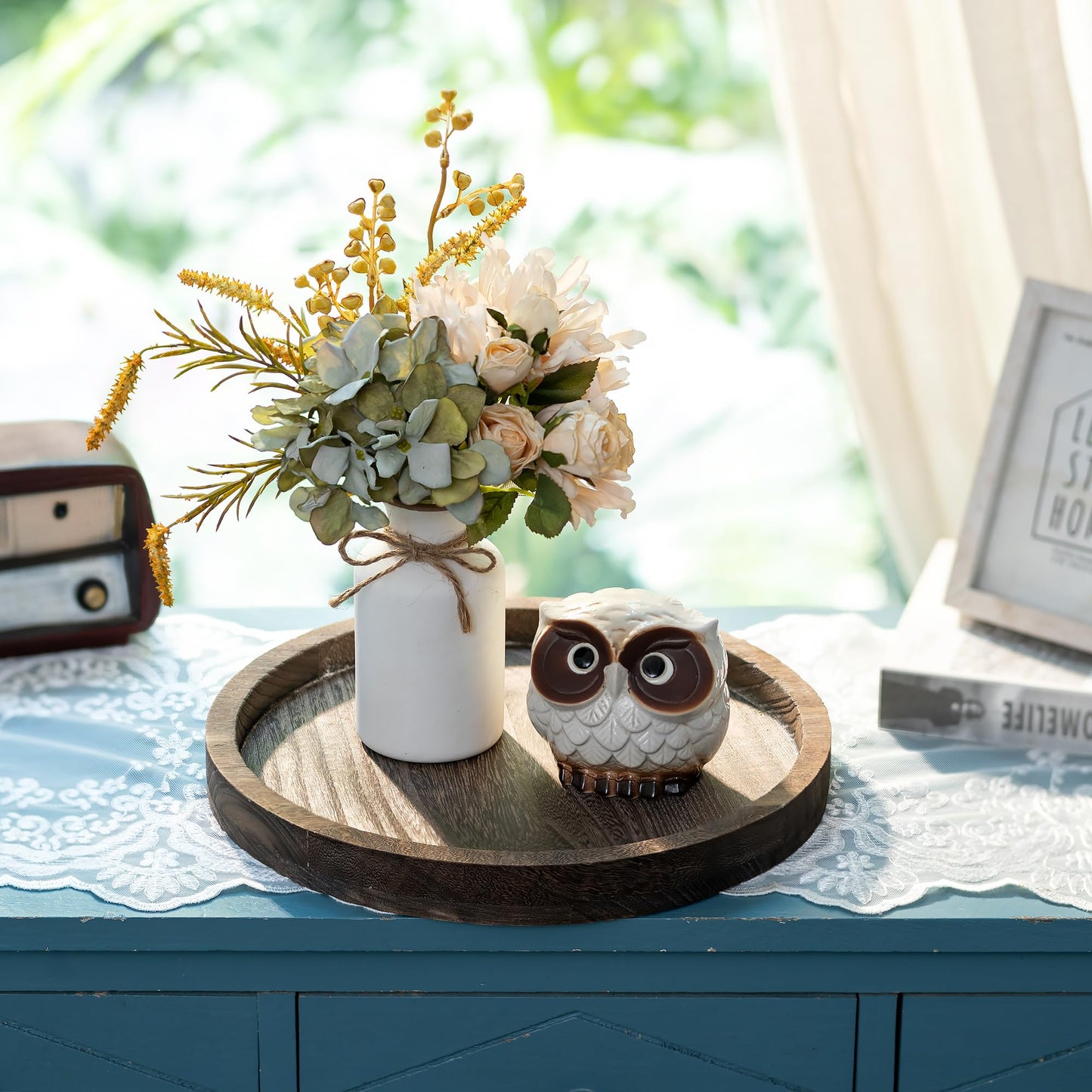 Hanobe Round Wooden Candle Trays: Rustic Candlestick Holder Tray Pillar Stand for Table Centerpiece - Farmhouse Coffee Table Decor for Living Room Kitchen Counter