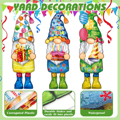 Umigy 3 Pcs 32 x 10 Inch Happy Birthday Yard Decor Outdoor Gnome Sign with Stakes Gift Boxes Cake Balloon Gnome Garden Sign Outdoor Yard Decor for Birthday Party Lawn Decorations