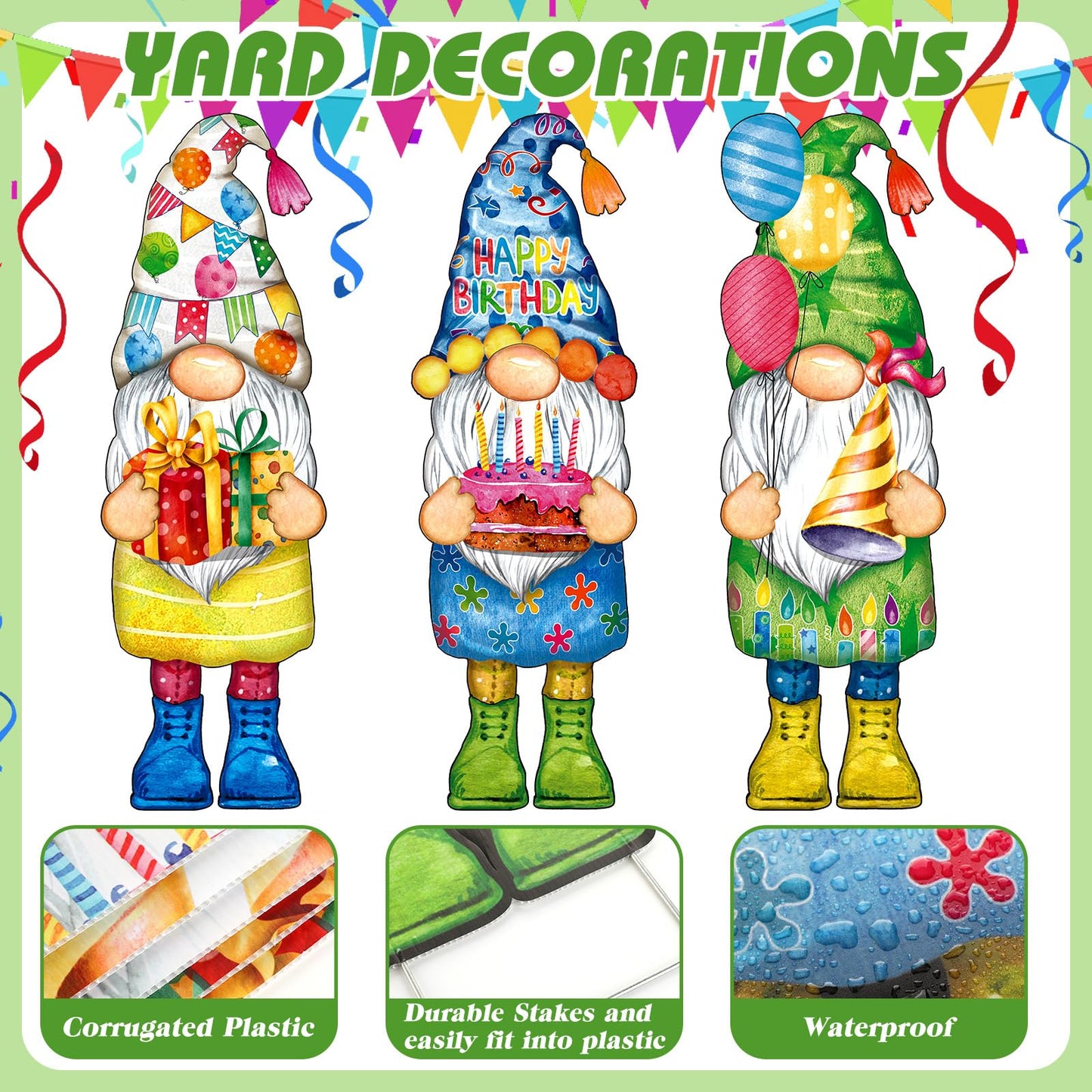 Umigy 3 Pcs 32 x 10 Inch Happy Birthday Yard Decor Outdoor Gnome Sign with Stakes Gift Boxes Cake Balloon Gnome Garden Sign Outdoor Yard Decor for Birthday Party Lawn Decorations