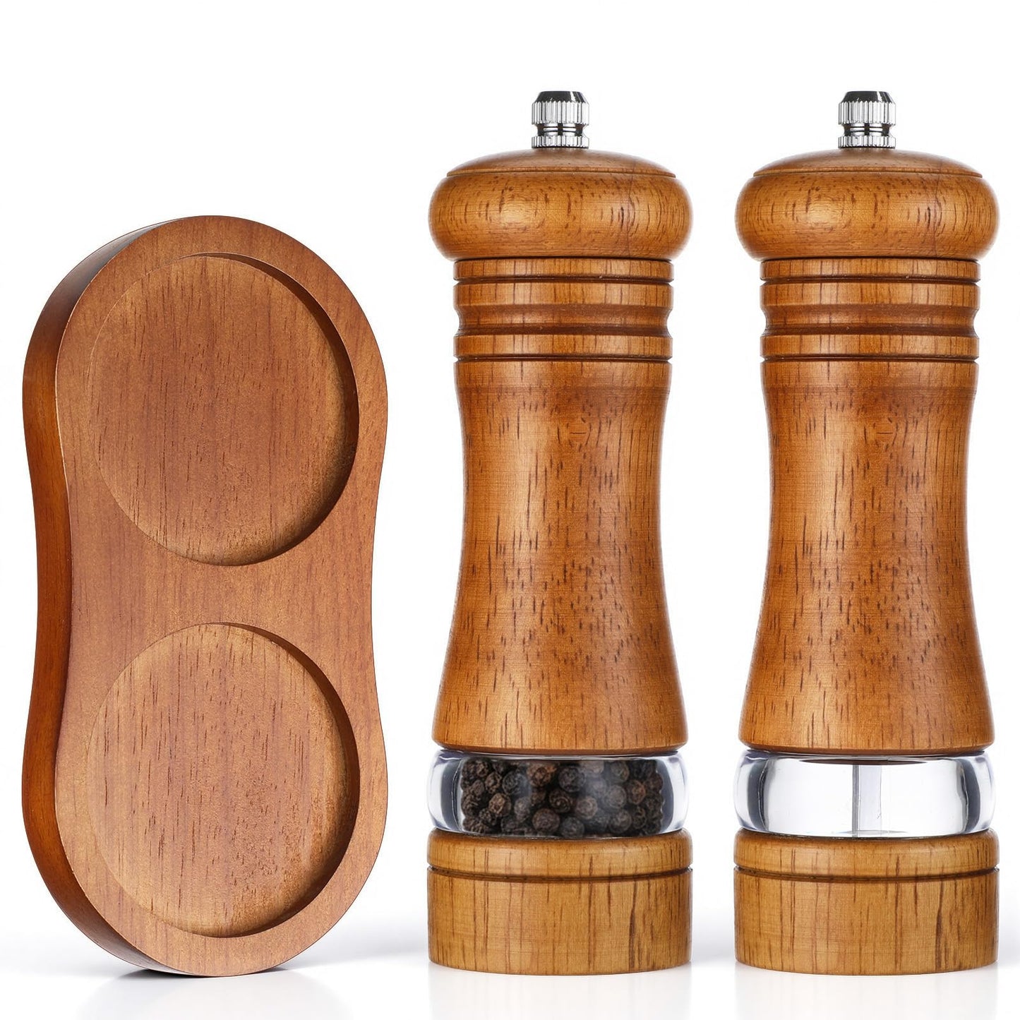 MySHUCE 2 Pack Wooden Salt and Pepper Grinder With Salt & Pepper Mill Tray, Adjustable Ceramic Grinding Rotor Manual Spice Grinder Refillable Salt Mill Sets with Acrylic Visible Window for Home Cooks
