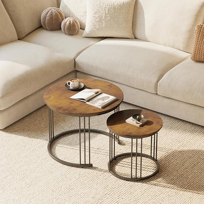 Garden 4 you Nesting Coffee Table, 23.6" Round Coffee Table Set of 2, Wooden