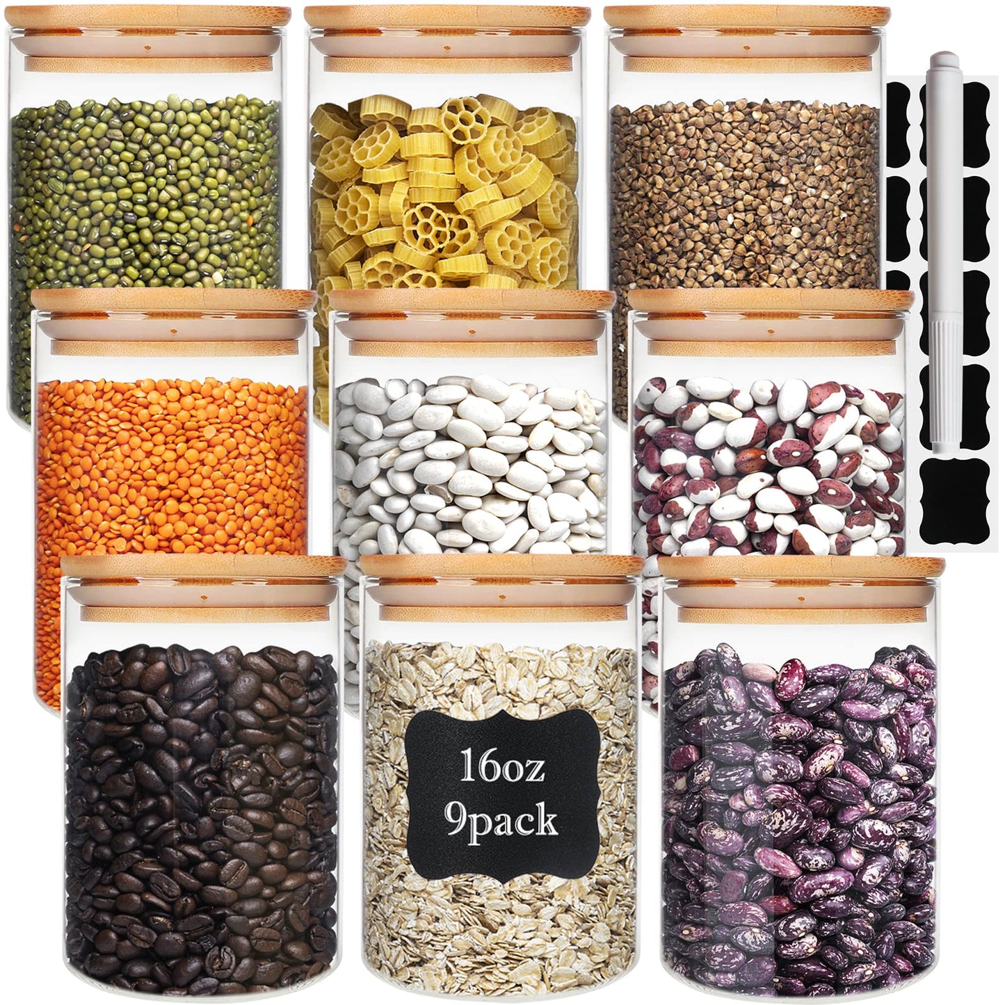 Glass Food Storage Containers Jars with Airtight Bamboo Lid 16 oz 9 pcs, 490 ml Pantry Organization Jar, Glass Terrarium with Lid, Spice, Flour and Sugar Container, Canister Set for Kitchen Counter