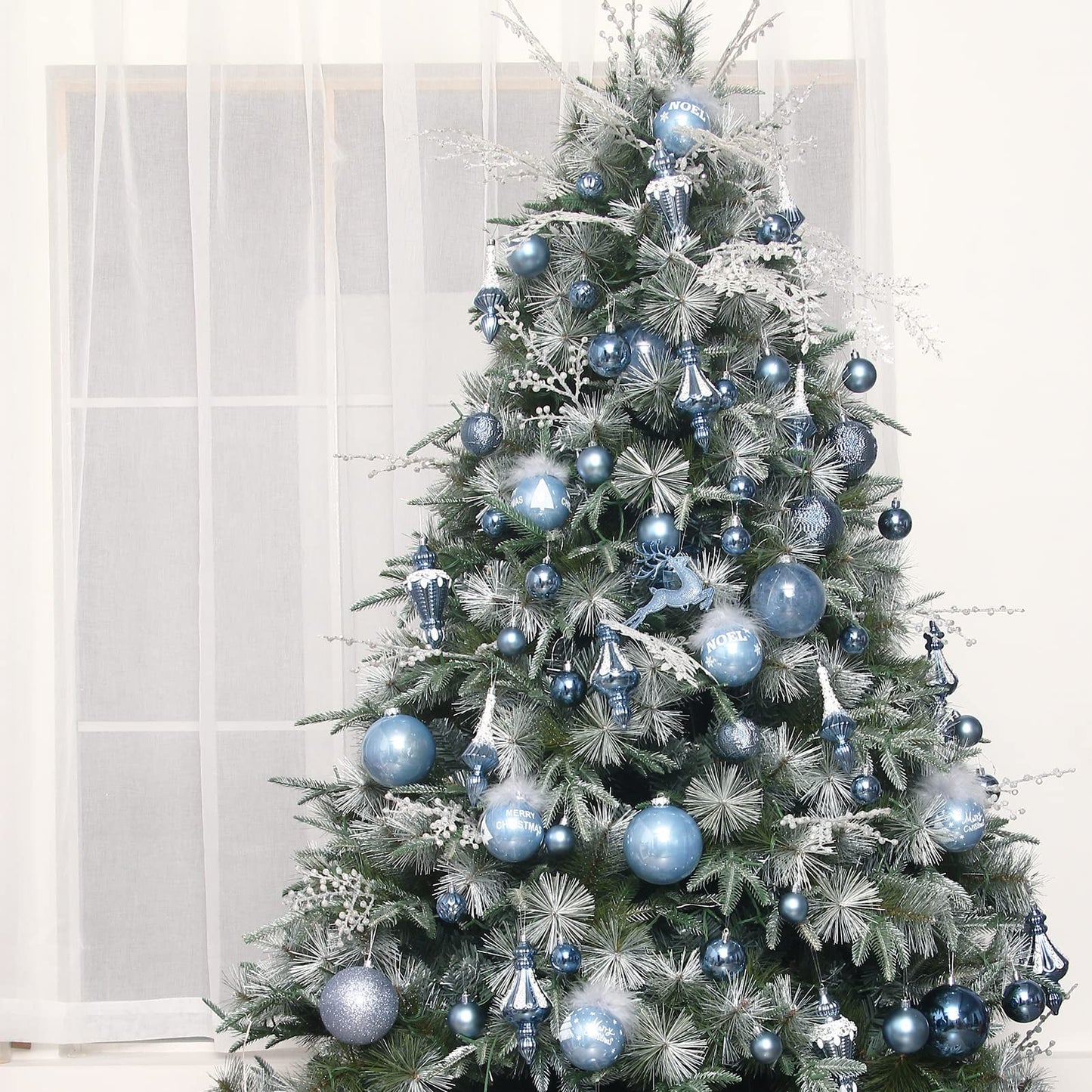 MoonXmas Christmas Ball Ornament Set, 88Pcs Plastic Shatterproof Christmas Xmas Tree Hanging Decorations, for Indoor Home Thanksgiving Halloween Party Decor - Blue/Silver.