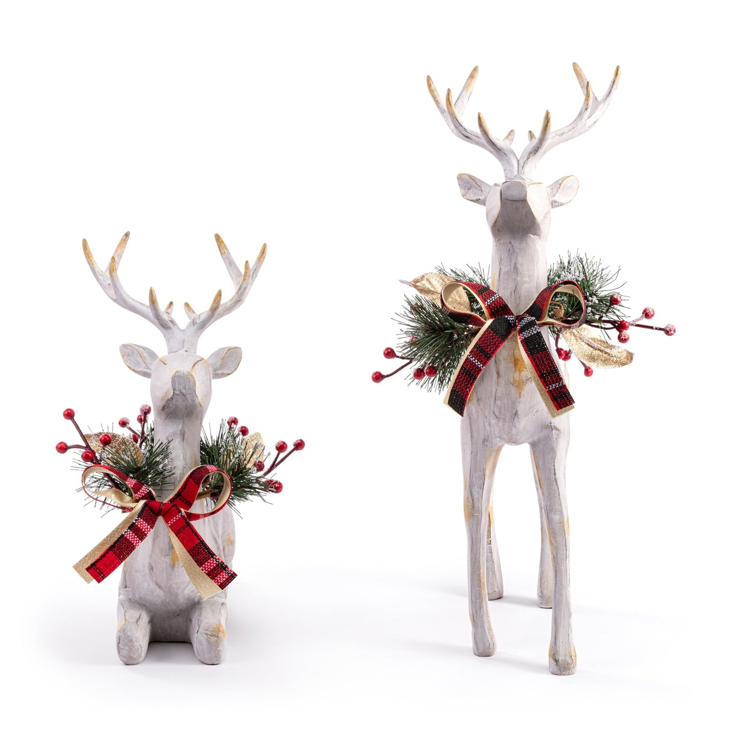 DEMDACO Holly Lodge Reindeer Wearing Plaid Bow Whitewashed Standing 15", Lying 10.5" Acrylic, Resin Large, Festive Holiday Décor, Christmas Decoration Figurine, Set of 2,