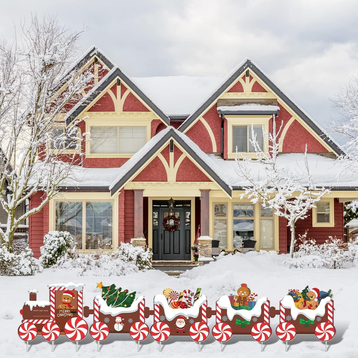 5Pcs Train Christmas Decorations Outdoor, X-mas Train Yard Signs with 8 Stakes, Gingerbread Xmas Tree Lawn Signs, Waterproof Christmas Yard Decorations Outdoor