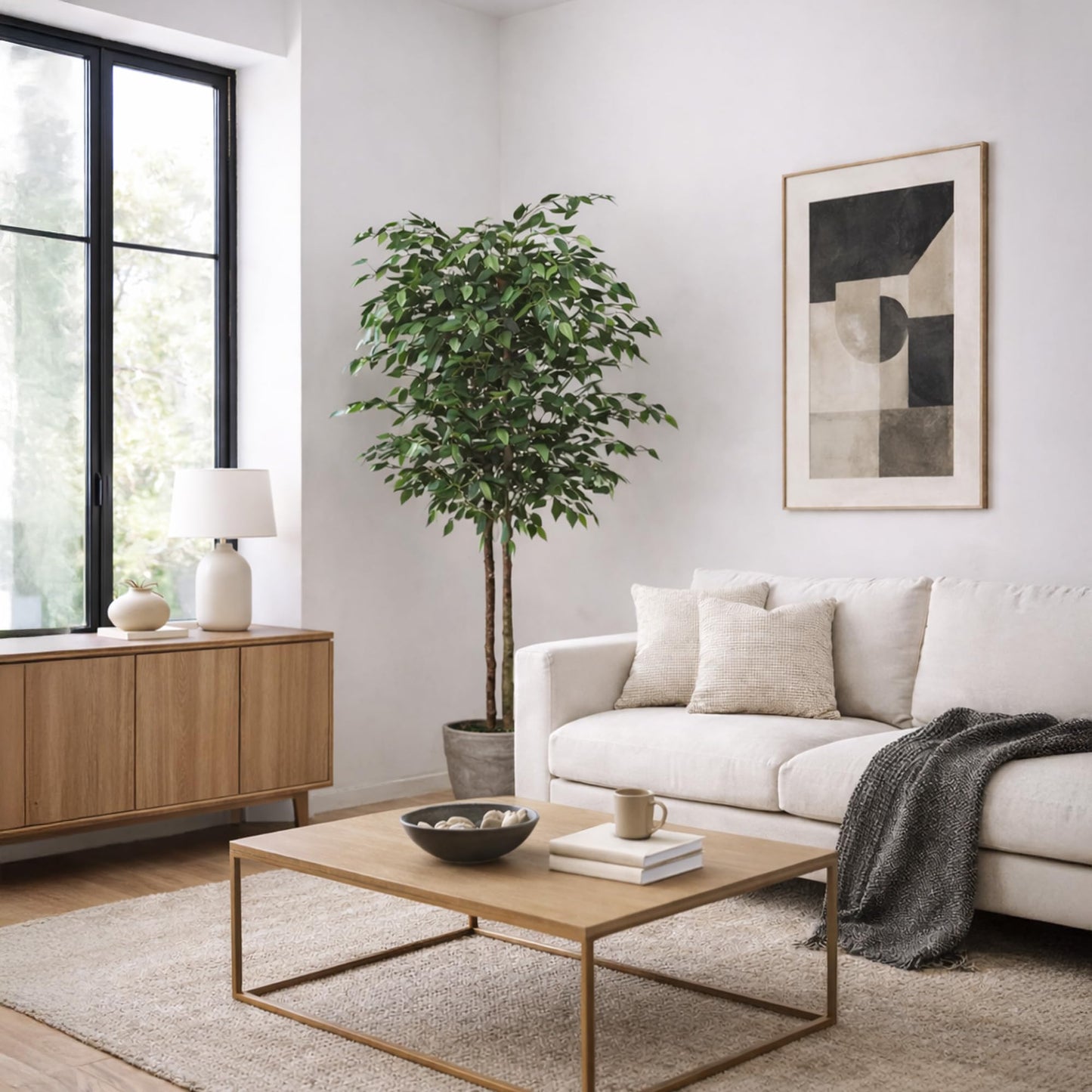 Maia Shop 2 Pack 6ft Artificial Ficus Tree Indoor - Tall Faux Plant with Natural Wood Trunk in Designer Pot with Wood Chips - Fake Plant for Home Office & Living Room Decor