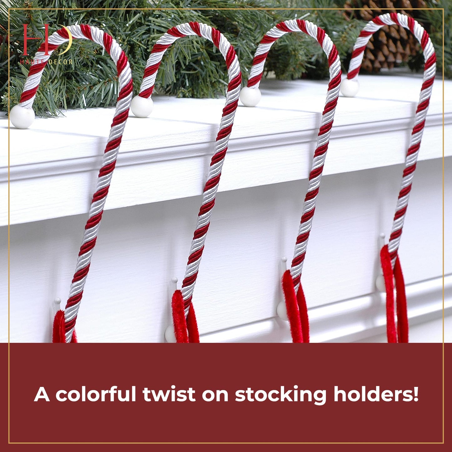 Haute Decor Candy Cane Stocking Holder (Classic Red and White) - Hang Your Christmas Stockings in Style - Lightweight Yet Holds Up to 10 lb.