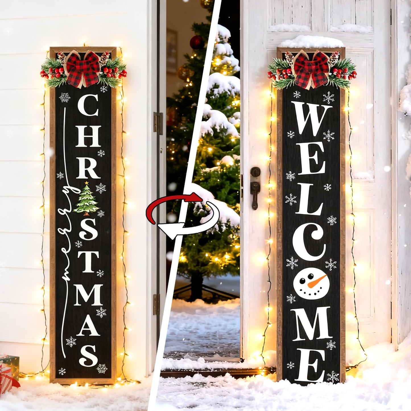 Double-sided Merry Christmas Wooden Sign Stand with Magnetic-adhesive Wreath for Front Door, 47" Farmhouse Vertical Snowman Welcome Porch Sign, 2in1 Tall Xmas Porch Leaner Decor