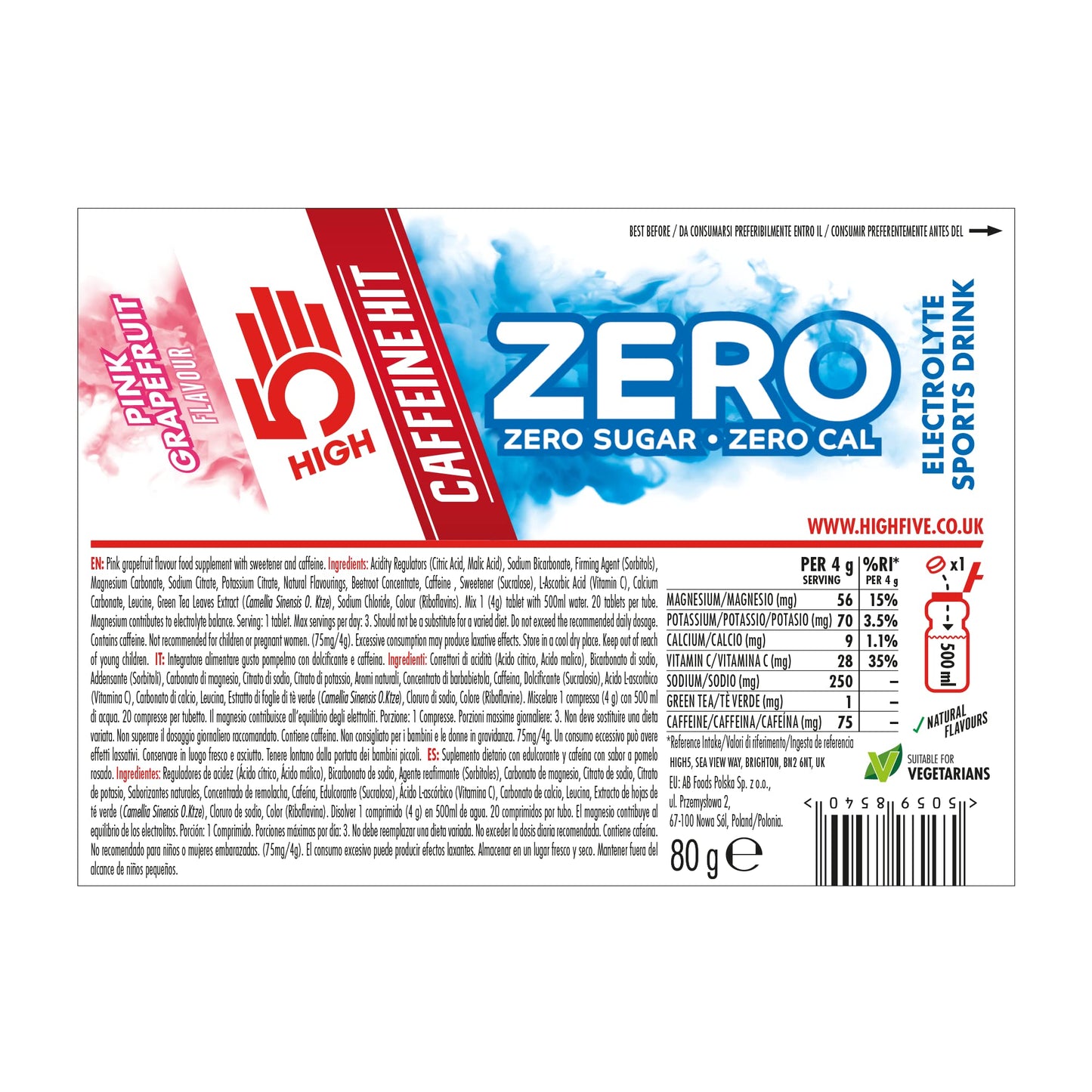 HIGH5 ZERO Caffeine Hit ElectrolyteTablets - Hydration Tablets with Vitamin C - 0 Calories & Sugar Free - Boost Hydration, Performance & Wellness - Pink Grapefruit, 160 Tablets (20x, Pack of 8)