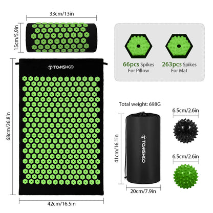 TOMSHOO Acupressure Set, Acupressure Mat and Pillow with 2pcs Massage Balls- Pain Relief Therapy Muscle Back Neck with Travel Bag for Men and Women