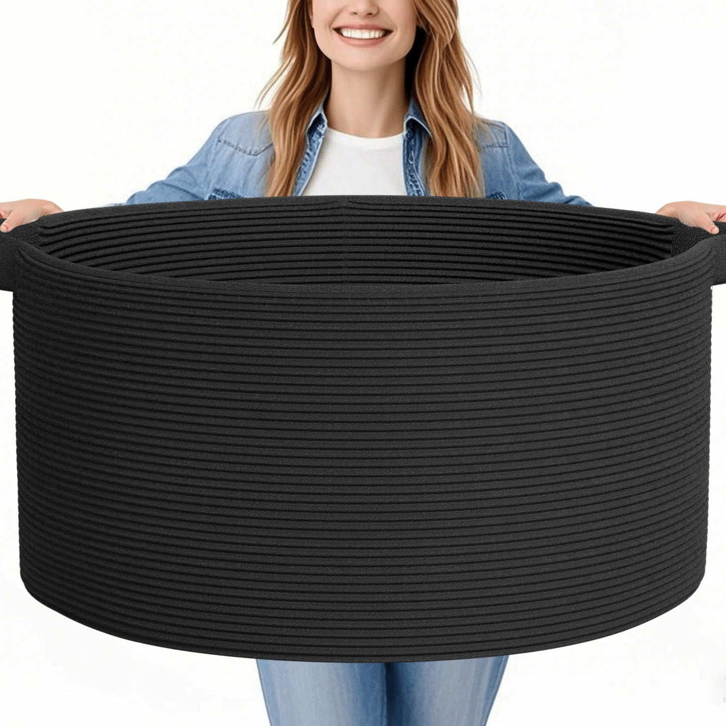 GOPAS 125L Extra Large Blanket Basket, 25" x 16", Jumbo Laundry Woven Baskets Decorative Home, Cotton Rope Basket with Handles, Baby Toy Baskets for Storage, Black