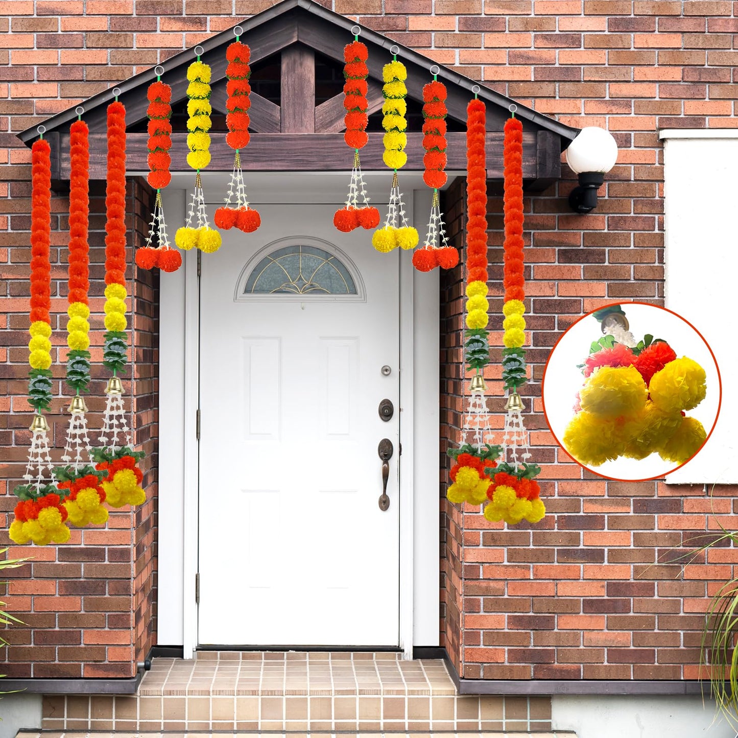 11PCS Diwali Decorations Marigold Garland for Home, Artificial Marigold with Bells and Leaves Long Strands for India Wedding, Pooja Decor, Marigold Flowers for All Year Decoration