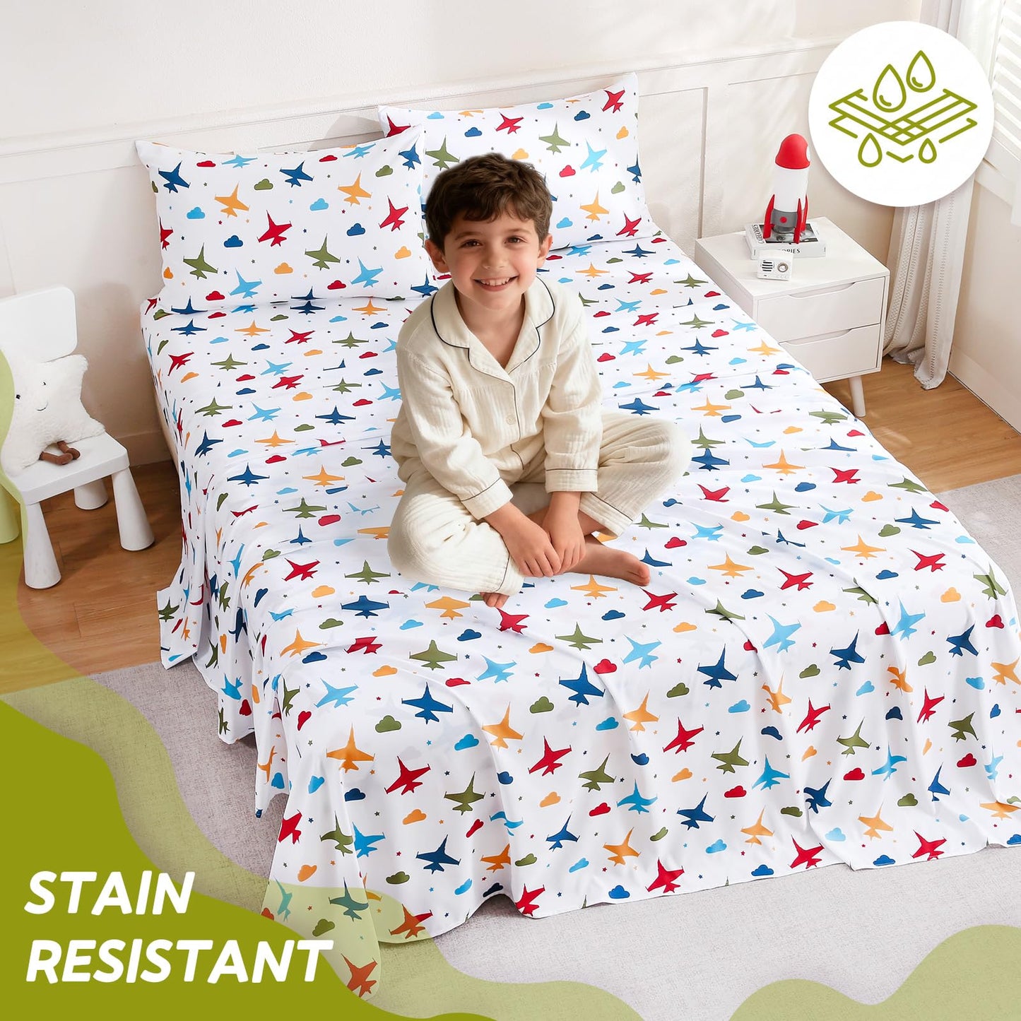 ChicView Twin Sheet Set Kids,3 Pieces Breathable Soft Microfiber Bedsheets for Child Boys Girls, Anti Pilling Deep Pockets Easy Care Bed Sheets, Aircraft