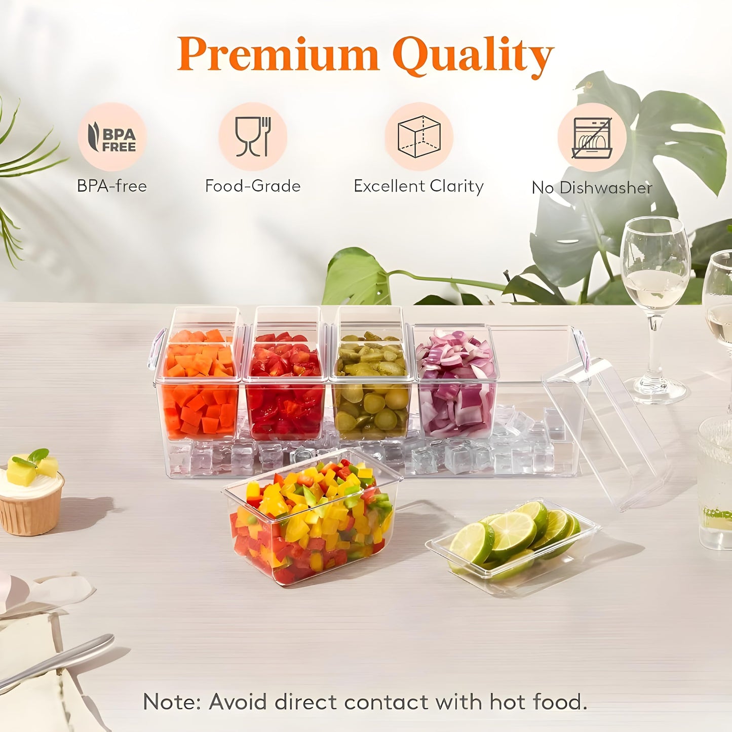BLIVORRA 𝐋𝐚𝐫𝐠𝐞 Ice Chilled Condiment Containers with Lids with 5x 20oz (2.5 cup) Containers, Large Taco Bar Serving Set for a Party, Condiment Organizer with Removable Dishes│FREE ACCESSORIES│
