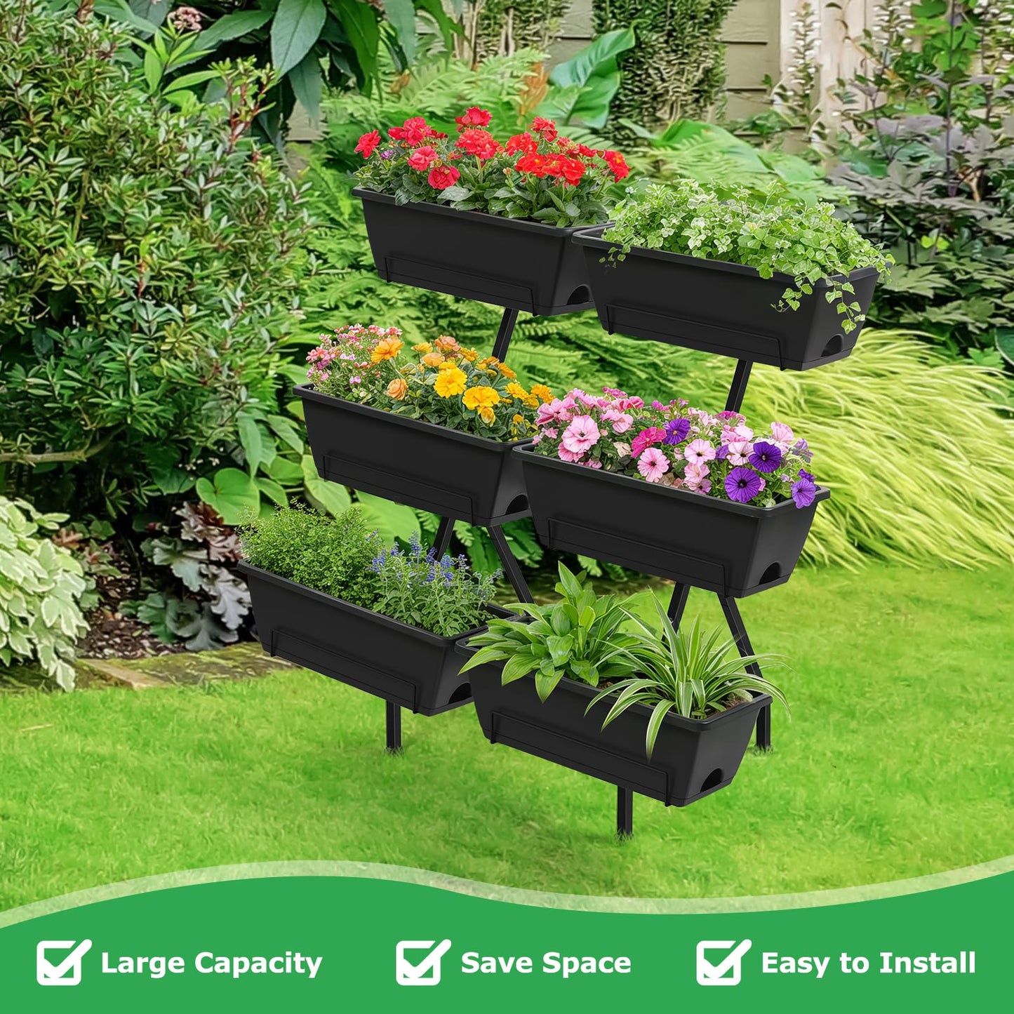 ETELI Vertical Garden Planter 3 Tier Vertical Raised Garden Bed with 6 Garden Planter Boxes Elevated Raised Bed with Drainage Holes Outdoor Standing Garden Planter for Herbs Flowers Vegetables, Black