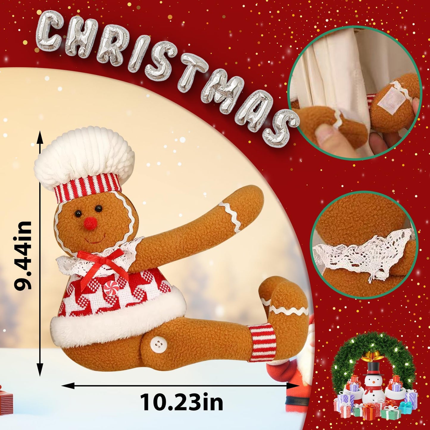 Ftuuo Gingerbread Christmas Tree Topper Decorations, Funny Xmas Plush Stuffed Gingerbread Ornament Doll Tree Hugger Decor for Curtain Wine Bottle Christmas Tree Holiday Home Decor (Woman)