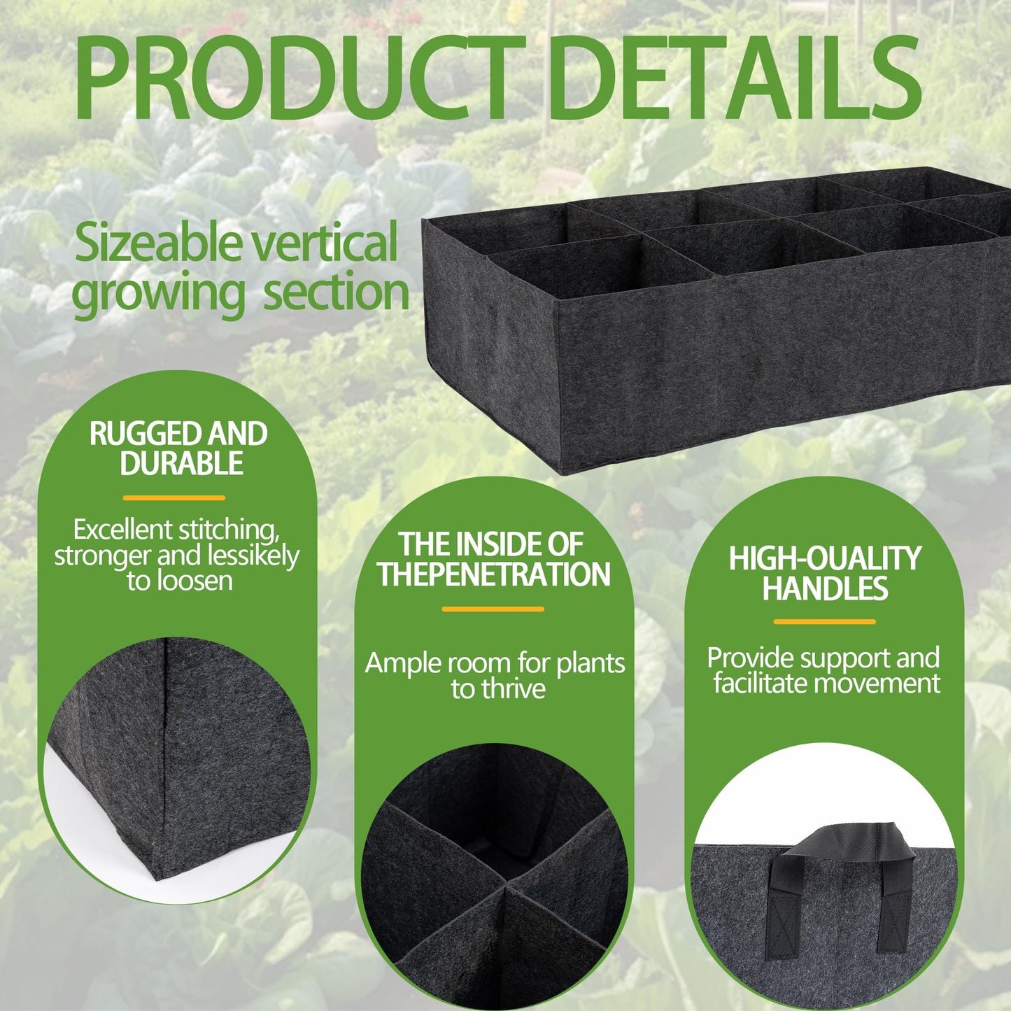 FVOTNW 2-Pack 3 Grid Fabric Raised Garden Bed 22 Gallon, 3x1x1 FT Thickened Garden Grow Bags with Handles - Indoor Outdoor Planter Bags for Vegetables, Herbs, Flowers