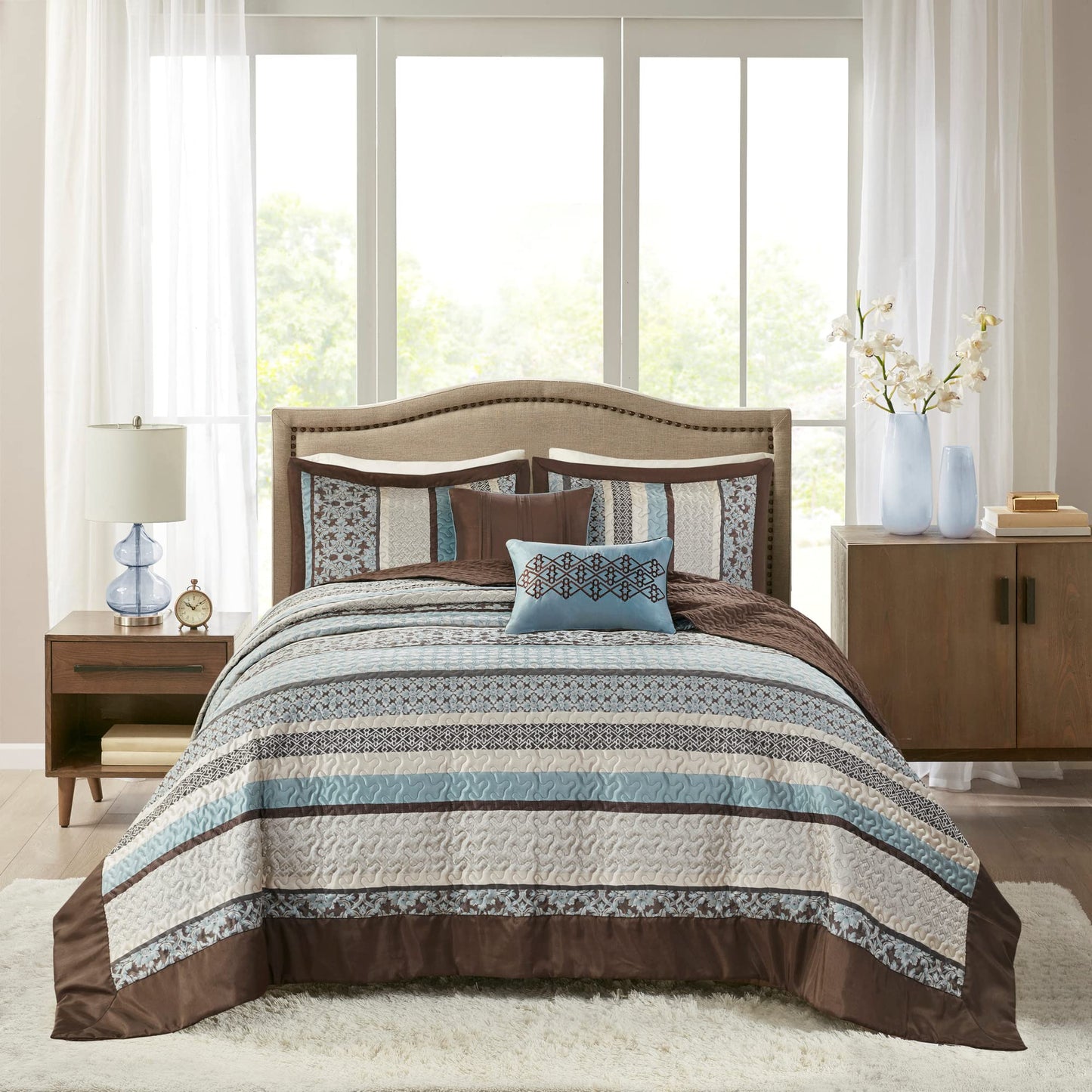Madison Park Princeton Reversible Quilted Bedspread Set, Solid Reverse Summer Breathable, Lightweight All Season Bedding Layer, Matching Shams, Bedspread King(120"x118"), Blue 5 Piece