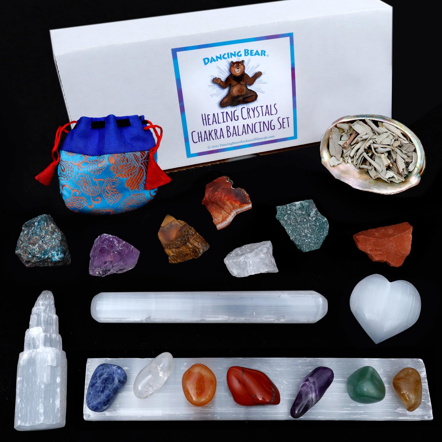 Dancing Bear Healing Crystals Chakra Balancing & Selenite Set, 14 Stones: 7 Tumbled and 7 Rough, Selenite: Tower, Wand, Heart, Charging Plate, Abalone Shell with Sage, 2 Bags, Assembled in The USA