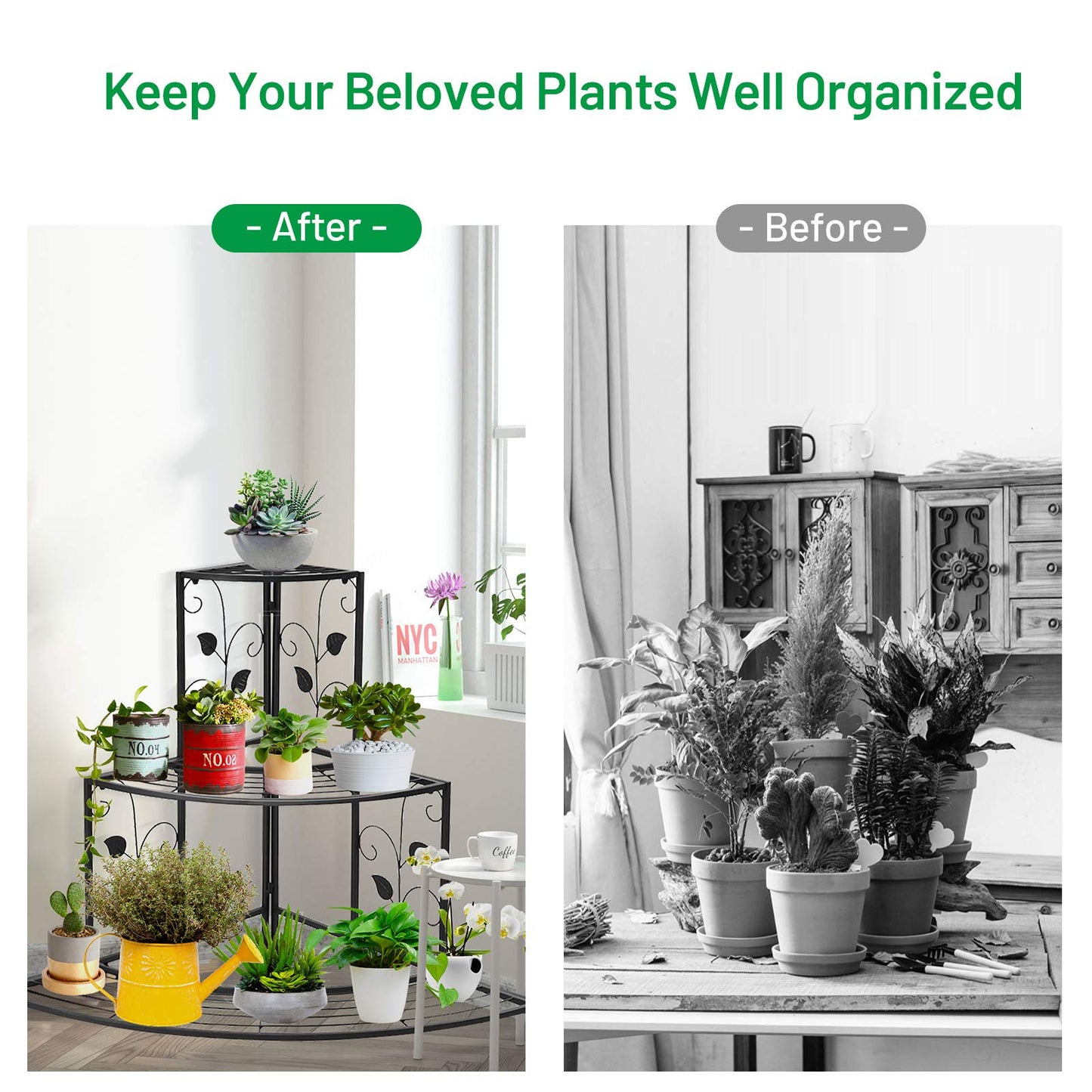 Giantex 3 Tiers Corner Shelf Metal Plant Stand, Stair-Step Style Flower Pot Display, Ladder Plant Display Rack, Quarter Round Plant Shelf for Indoor Outdoor Use