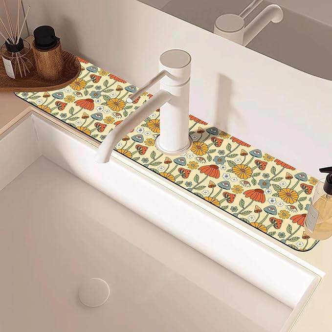 Abstract 70s Mushroom Floral Sink Faucet Absorbing Mat Sink Splash Guard Faucet