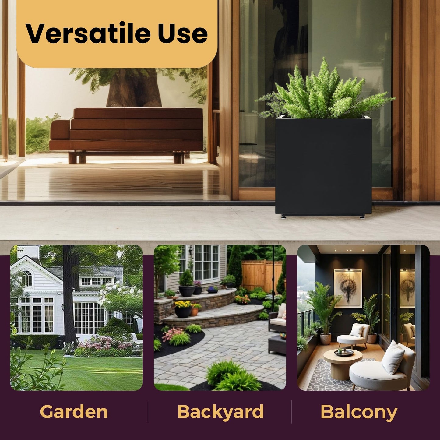 Large Metal Outdoor Planter Box 20Wx20Dx21.5H, Galvanized Steel Cube Planters for Outdoor Plants, Easy Assembly - 5mins Quick Install, Large Square Flower Pot for Patio, Deck, Garden, Yard, Black