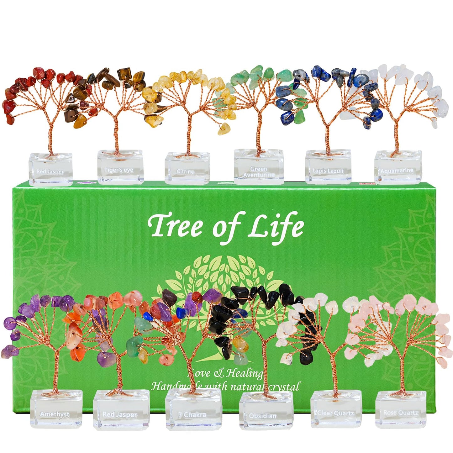 Runyangshi 12 Pcs Crystal Tree Set with K9 Glass Base - Chakra Healing Money Trees for Desk Decor, Home, Office, Positive Energy, Good Luck Gifts for Women, Mom, Birthday, Housewarming