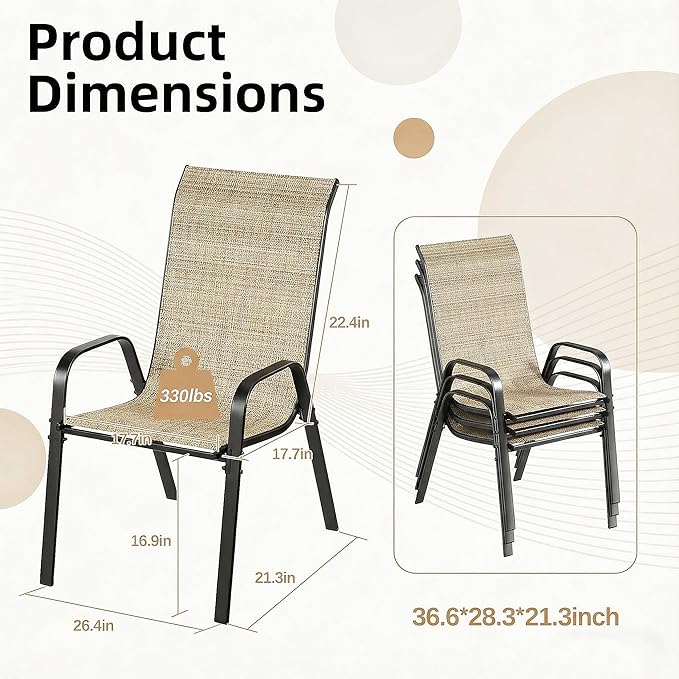 MAMIZO Patio Dining Chairs, Stackable All Weather Teslin Chair, Heavy Duty Outdoor Breathable Chairs Set, w/Armrests, Upgraded Chair FeetW/Strenthened Iron Spacers, 330 LBS (4, Brown)