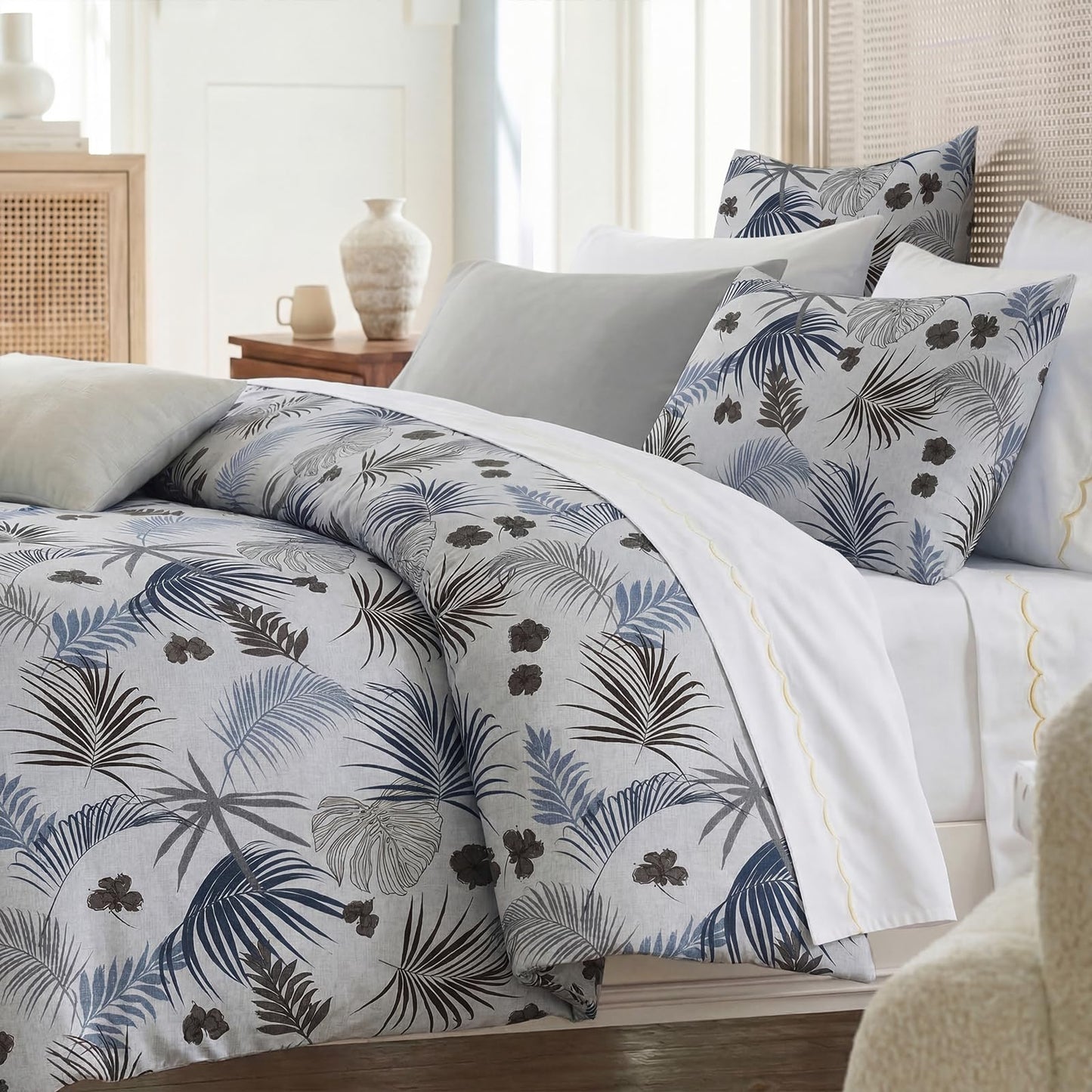 Bedorm 100% Cotton Duvet Cover Set King Vintage Floral Bedding Set Gray Blue Palm Tree Leaf Botanical Print Soft & Durable Duvet Cover with Zipper Closure