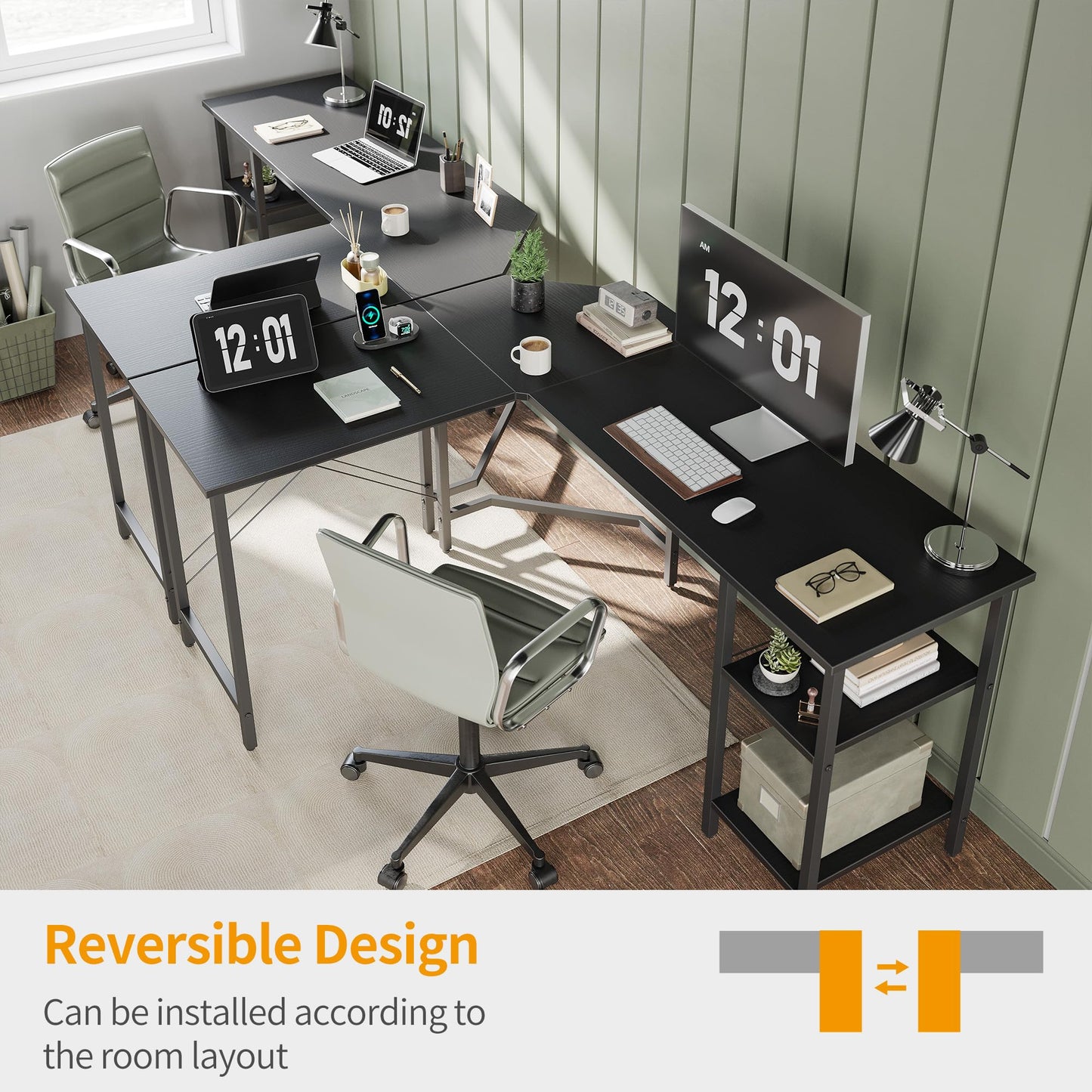 CubiCubi L Shaped Desk, 59.1 Inch Reversible Corner Desk with Storage Shelves, Home Office Desk for Writing Gaming Study, Black