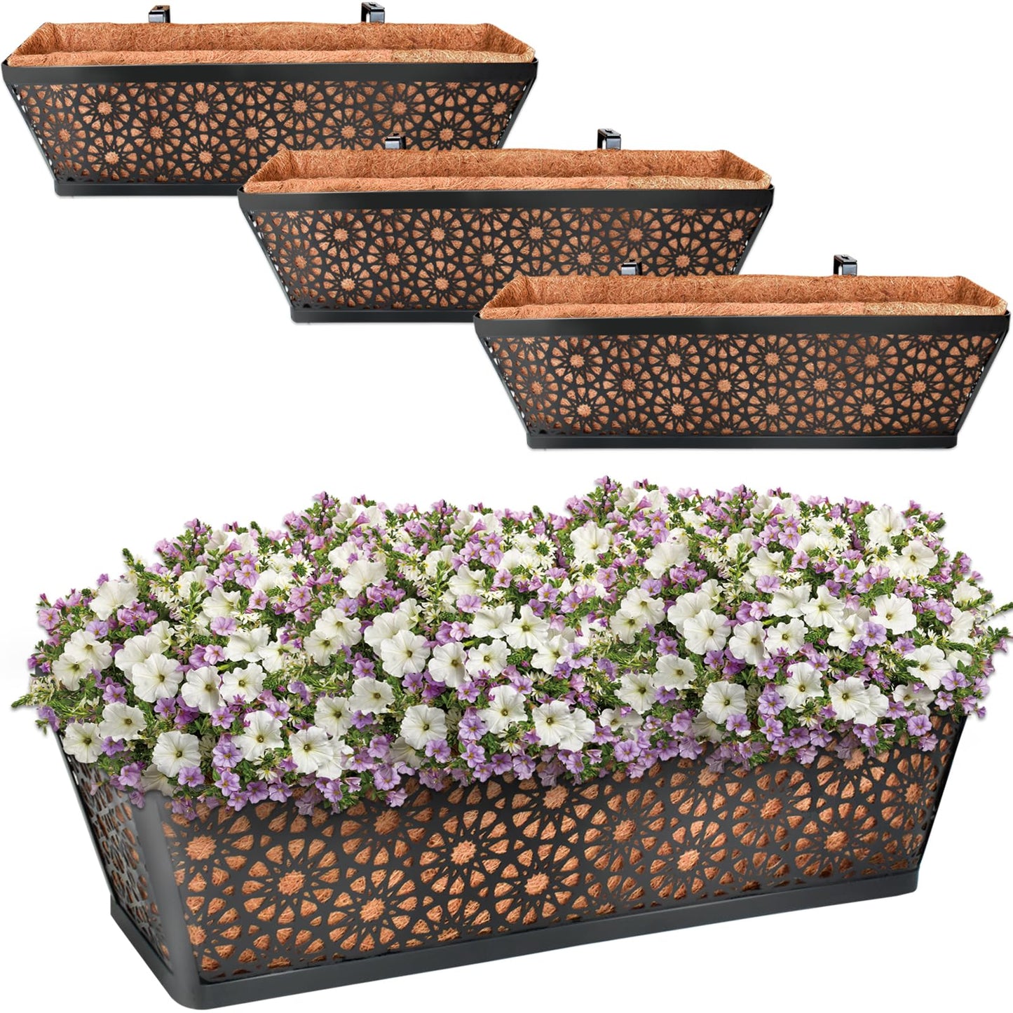 Halatool 24 Inch Window Box with Coco Liner, 4 Pack Sturdy Metal Flower Railing Planter with Coco Coir Basket Liners for Window Deck Fence Porch Balcony and Patio Outdoor Indoor Lawn