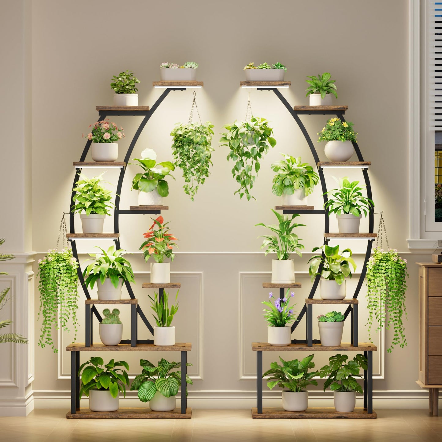 BACEKOLL Plant Stand Indoor with Grow Lights, 9 Tiered Metal Plant Shelf, 64" Tall Plant Stand for Indoor Plants Multiple, Large Plant Rack Display Shelf, Curved Plant Holder for Living Room, Patio