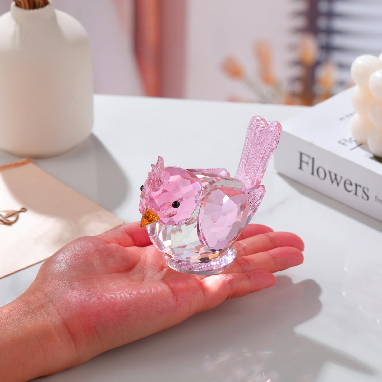 Qianwei Pink Crystal Bird Figurine Collectible - Cardinal Gifts Handmade Glass Animals Figurines Crystal Office Desk Table Home Decor Paperweight