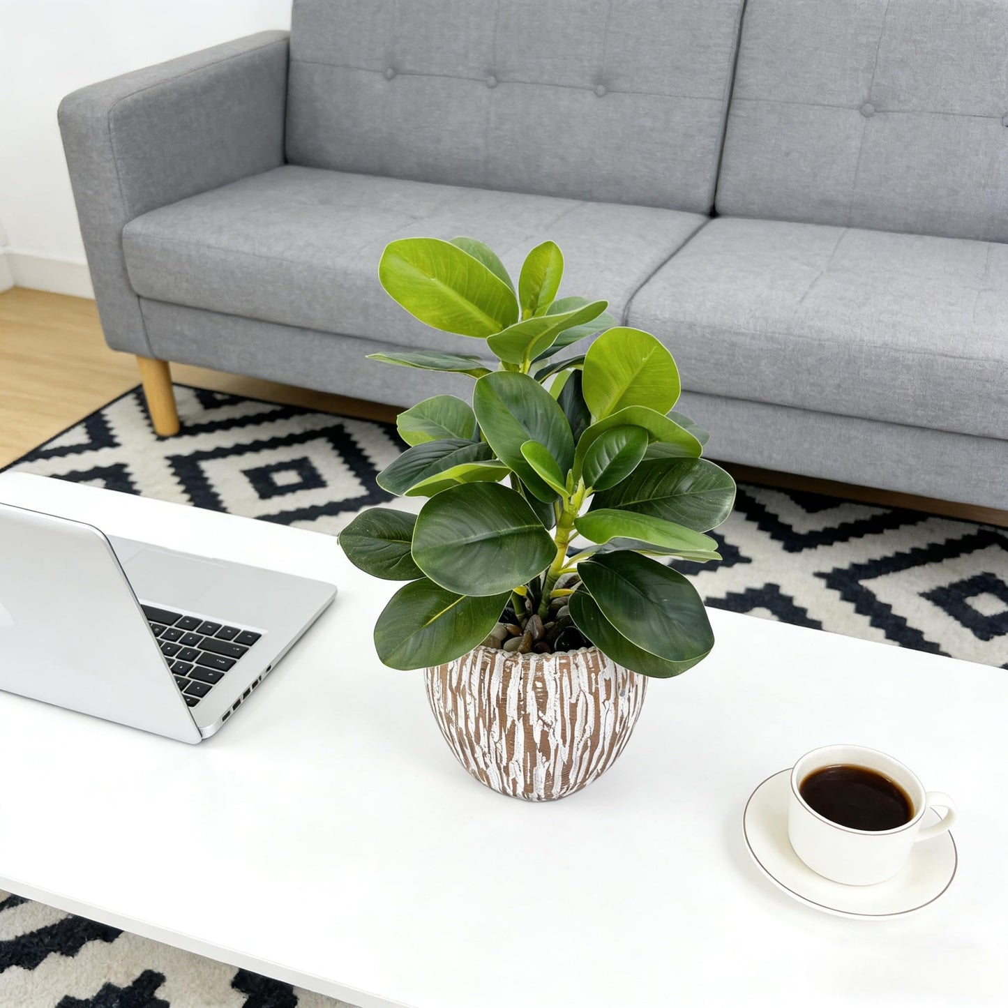 FLRLIVING Artificial Potted Plants Life-Like Fake Plant with Farmhouse-Style Cement Planter Feturing Light Wood Tone for Room Bathroom Bedroom Kitchen Office Dese Coffee Table Décor (9inch)