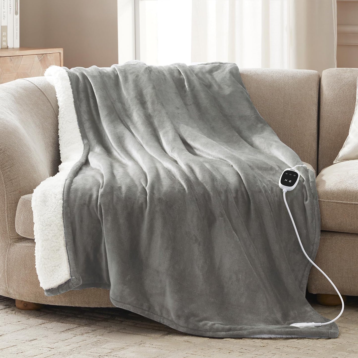 Bwarm Heated Blanket Faux Fur Electric Throw Blanket Sherpa Fleece Touch Screen Women Gift,Faux Christmas Fur Blanket for Couch, Sofa, Bed Gray 50x60 Inches