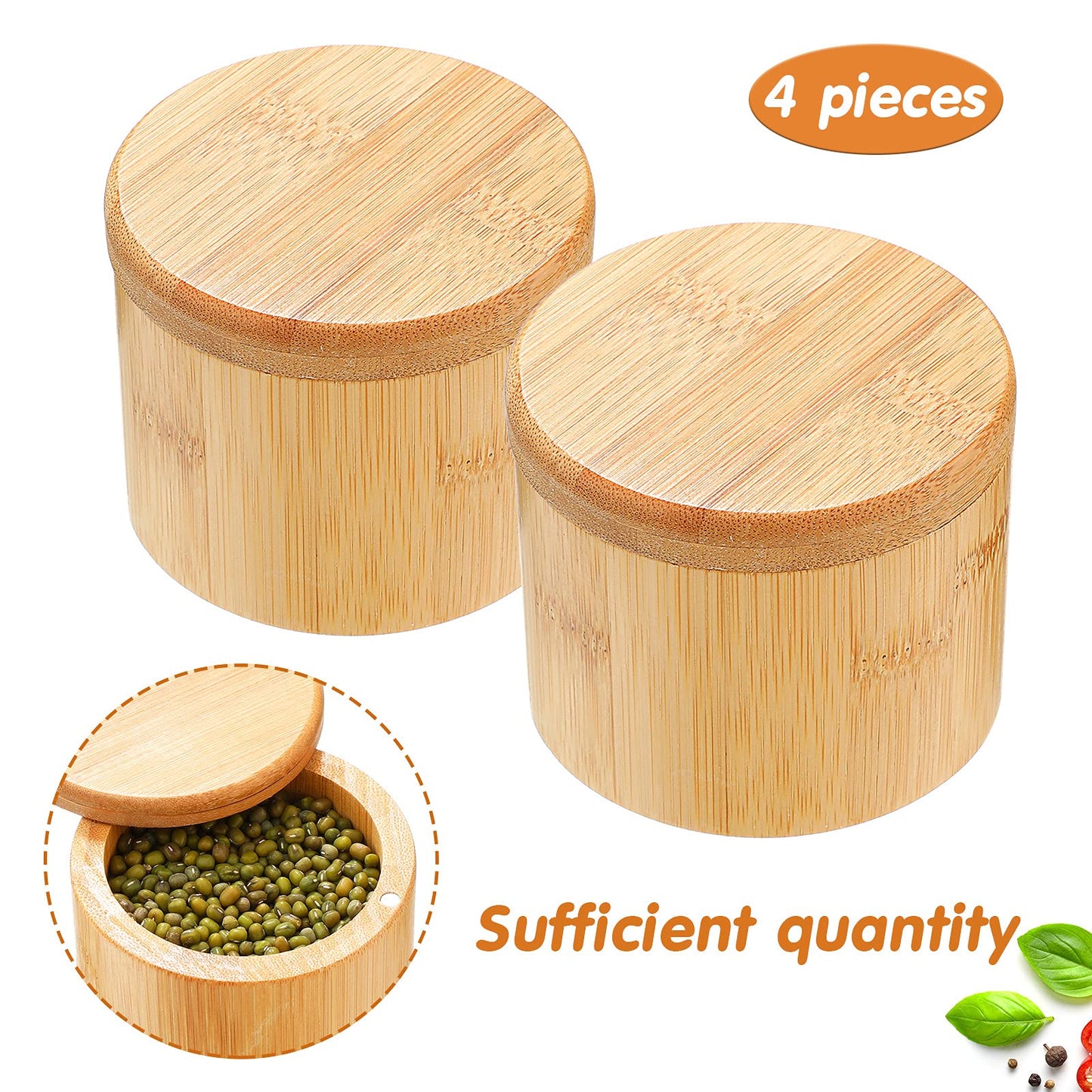 Patelai 4 Pieces Bamboo Salt Storage with Magnetic Swivel Lid Salt and Spice Storage Compartment Bamboo Pepper Box for Kitchen