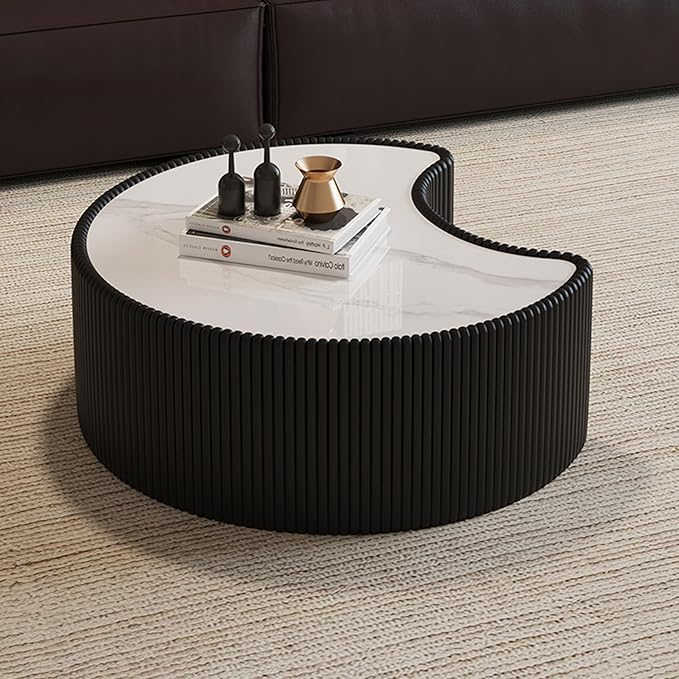 29.53" Marble Coffee Table, Modern Creative Moon Coffee Table
