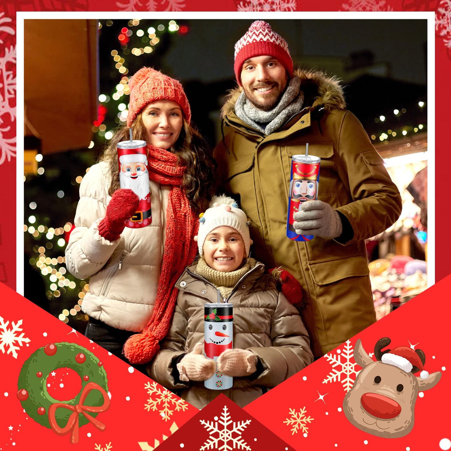 Maxdot 4 Pcs Christmas Tumbler with Lid and Straw Stainless Steel Christmas Cup Double-Insulated Water Travel Mug Vacuum Tumbler with Cleaning Brush Xmas Gift(Vivid Style,Red/green/white)