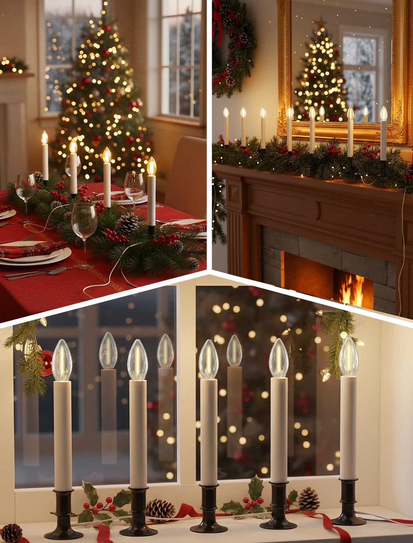 Romasaty 4 Pack Electric Window Candles with Sensor Dusk to Dawn, Christmas Window Candles Bronze Plated Base, 9 Inch Candle Lights with 0.6W LED E12 Bulbs for Indoor Christmas Table Decor