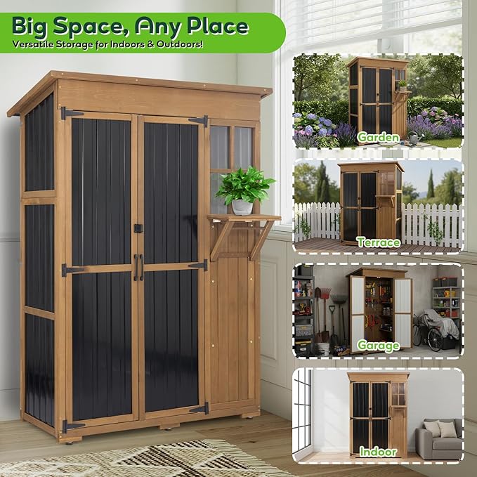 PetsCosset Large Outdoor Storage Cabinet Waterproof with Shelves, Outside Storage Shed Tall Backyard Cabinet with Fold-Out Table for Patio, Garage, Garden, Pool Accessories Storage (70.5" H x 51" L)