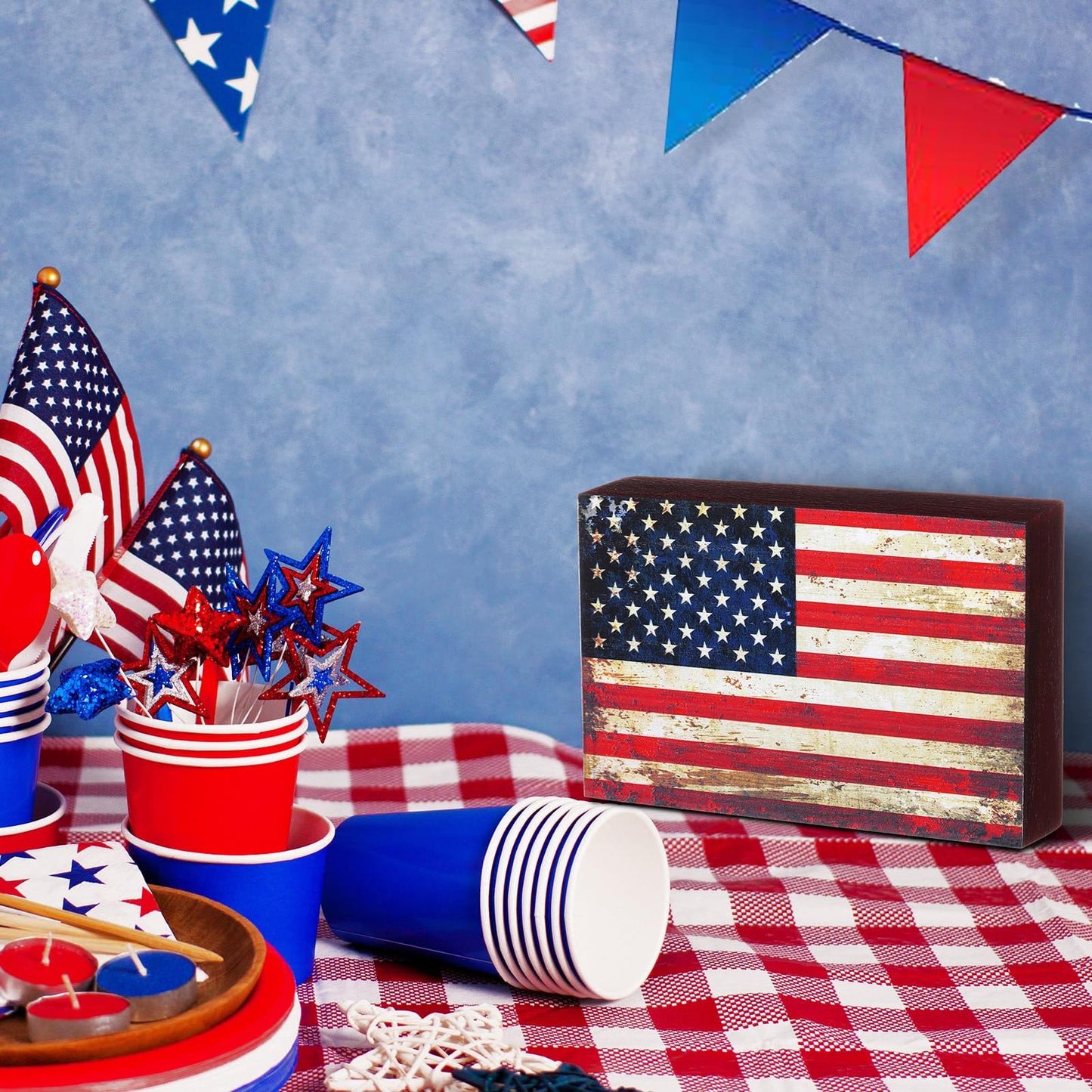 Sintuff 4th of July Decor Patriotic 250th Anniversary Tabletop Decoration Wooden American Flag Box Sign Independence Day Memorial Day Veterans Wood Gifts for Table Centerpiece Office Desk Shelf
