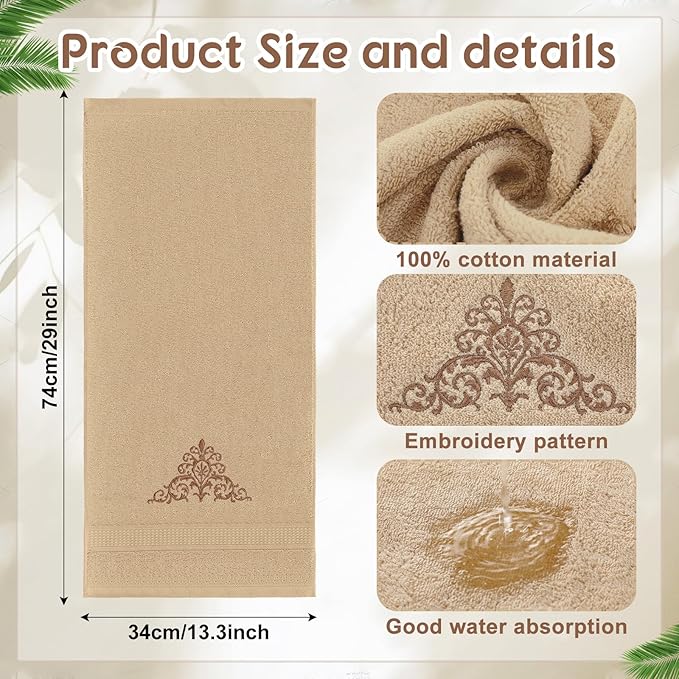 2 Pcs Damascus Hand Towels Brown Farmhouse Bathroom Decor 14x29 Inch