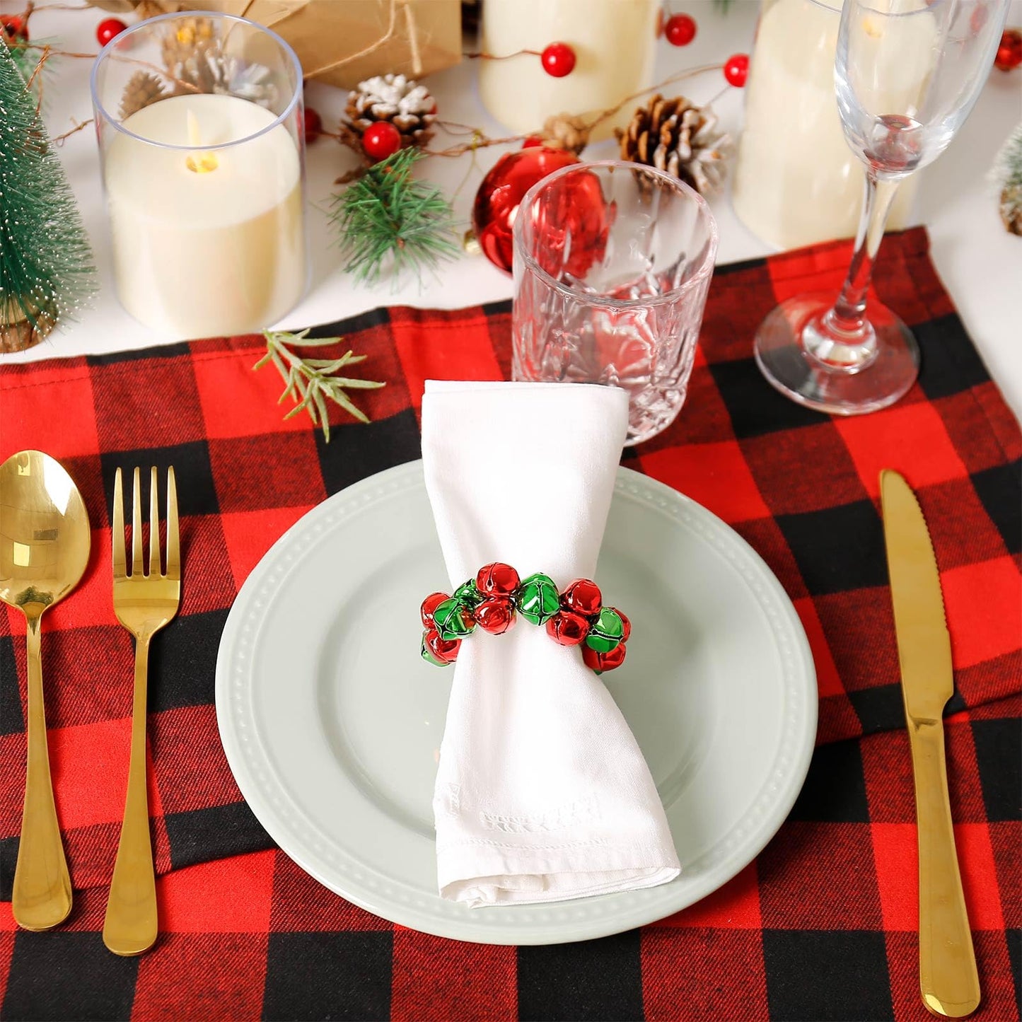 Getfitsoo Christmas Napkin Rings Set of 6, Thanksgiving Bells Napkin Rings with Green and Red Bell Metal Buckles for Christmas Table Decor, Weddings, Parties
