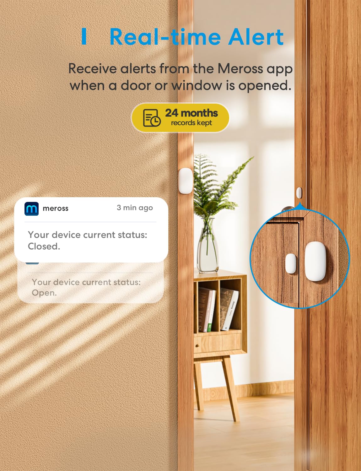 Meross Smart WiFi Door & Window Sensor Kit, Support Apple HomeKit, Alexa, SmartThings, Mini Wireless Detector Burglar Alert, 328ft Range, Home Automation for Security & Kid Safety, Meross Hub Included