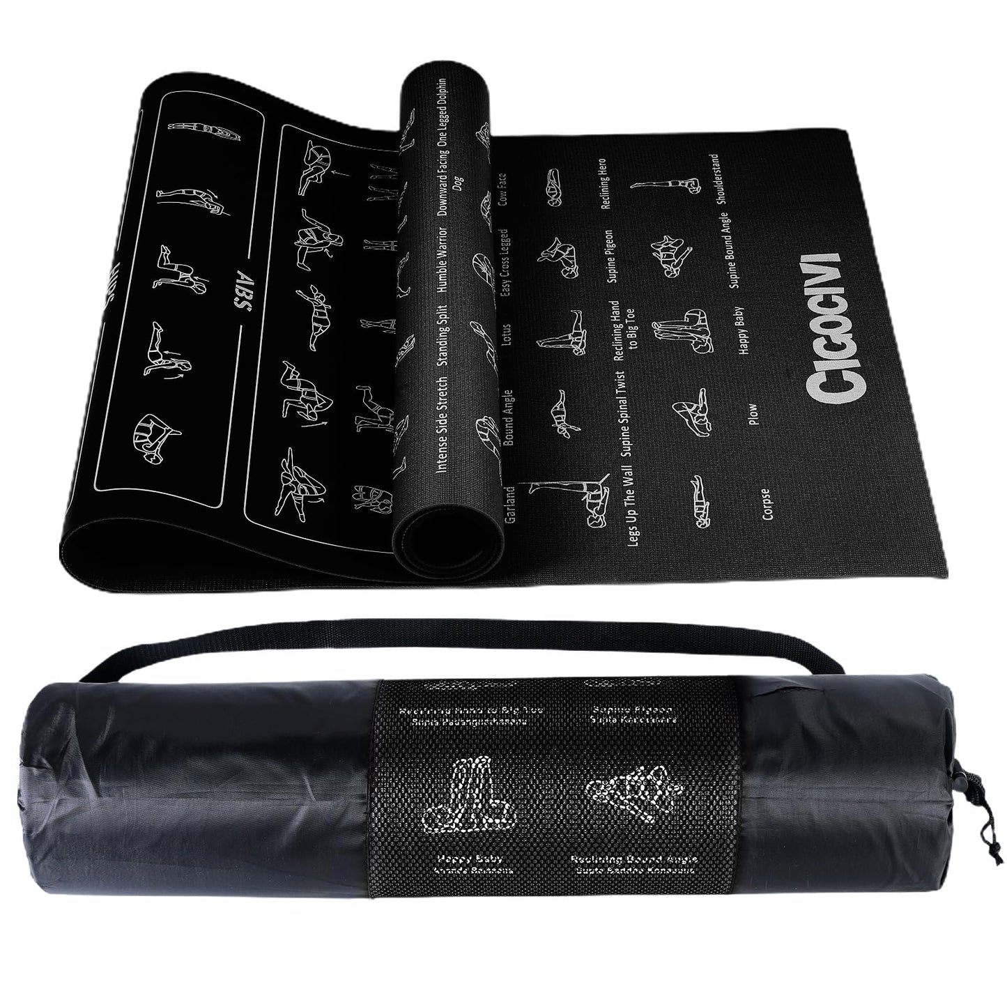 Instructional Travel Yoga Mat with 75 Poses & Exercises - Non-slip Exercise Mat for Home Workout, Includes Carrying Bag - Perfect for Beginners, 68"x24"x0.25"