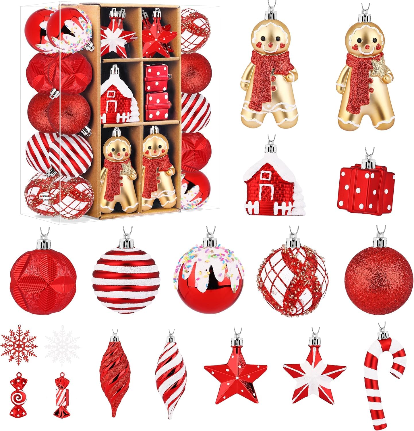 SHareconn 65pcs Christmas Tree Ornaments Set, Shatterproof Christmas Gingerbread Man Balls Bulk Gift Boxes, Hanging Plastic Decorative Baubles for Xmas Trees Decorations, Holiday Party, Red White